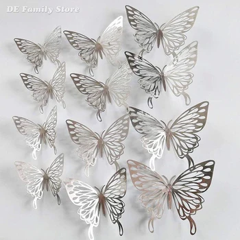 Креативные 12 шт./компл. Серебряные 3D наклейки на стену с бабочками, свадебные украшения, Спальня, гостиная, домашний декор, наклейки с бабочками