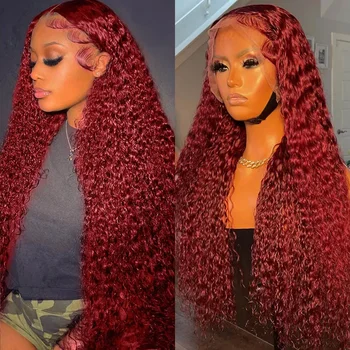 99J Бордовые парики из человеческих волос на кружеве для женщин Цветные вьющиеся парики на кружеве 13x6 HD 30 40 Дюймовые Красные парики с глубокой волной в продаже