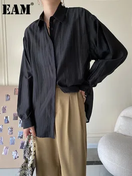 [EAM] Женская Черная Элегантная повседневная блузка большого размера, Новая рубашка свободного кроя с отворотом и длинным рукавом, модная футболка Tide Весна-осень 2024 1DF5170