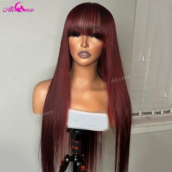 99J Парики из человеческих волос машинного производства бордового цвета, прямые парики из человеческих волос с челкой, волосы Remy для женщин 180 плотности